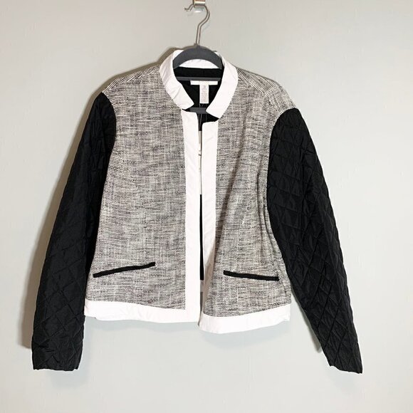 NEW Chico's quilted mix tweed pt pattern black white long sleeve collared jacket - Picture 2 of 12